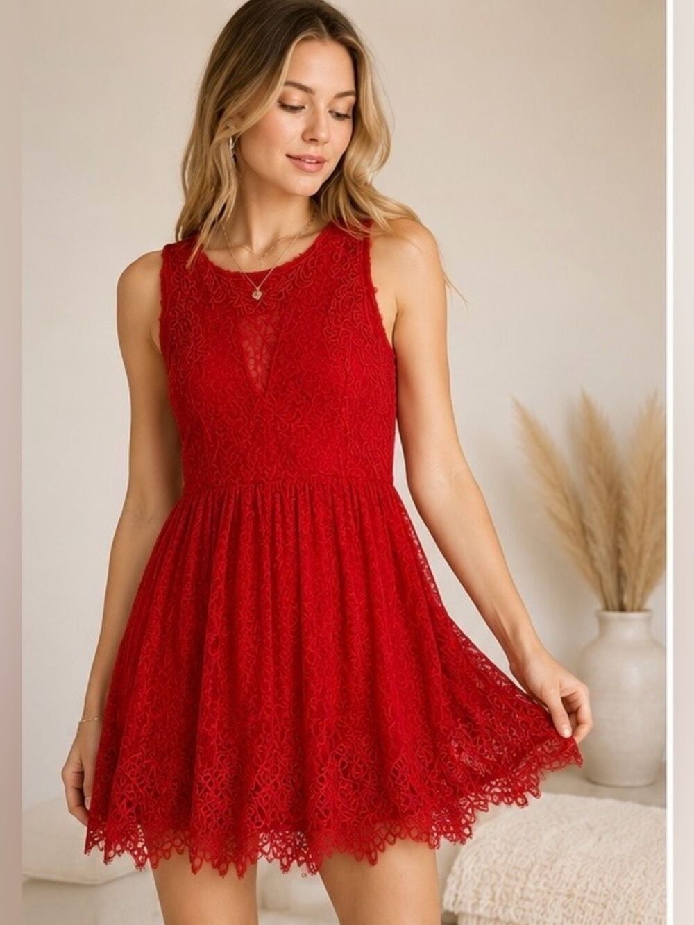 Free People Red Lace Sheer Mini Dress. Size M